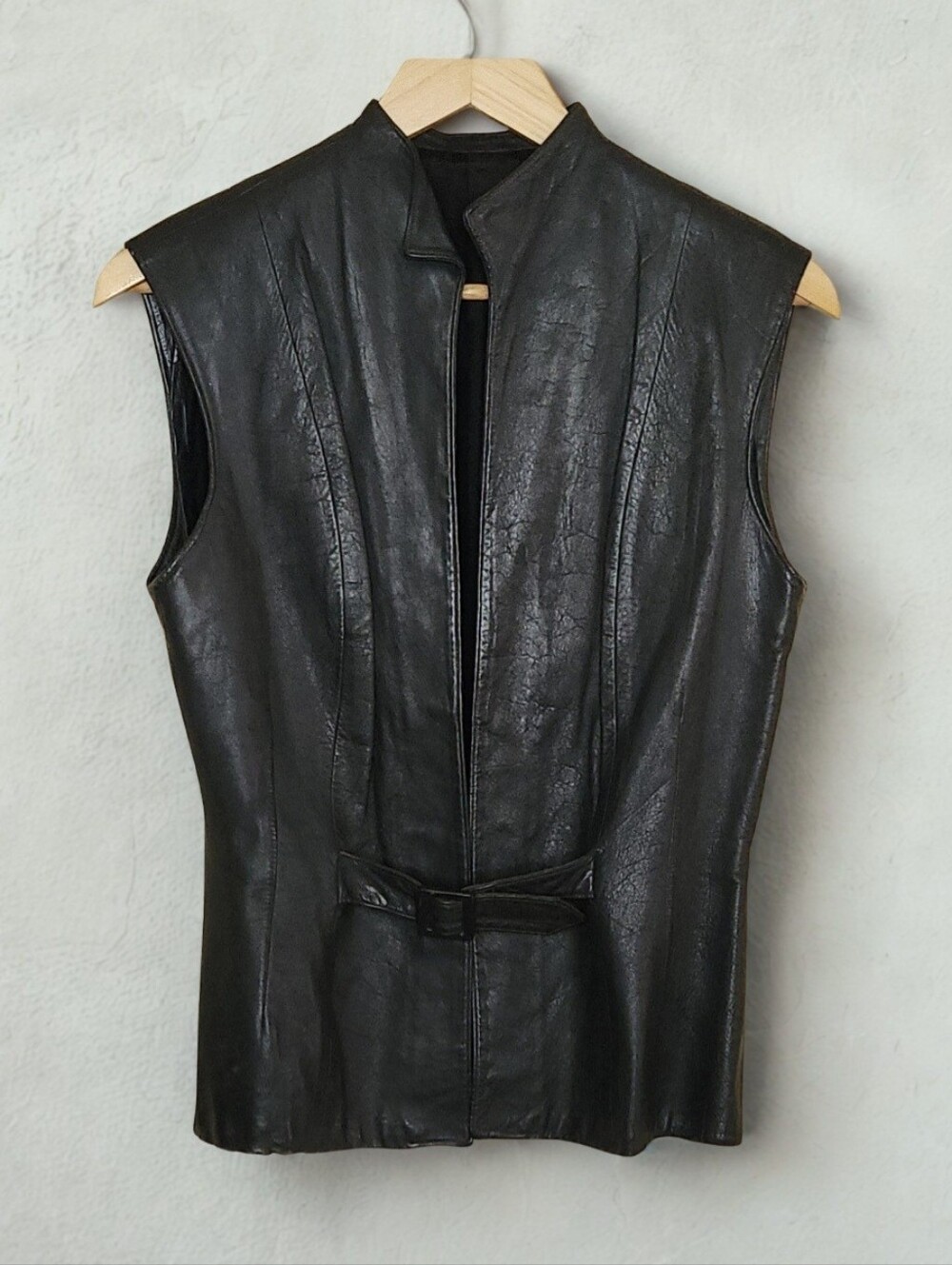 Vintage 90s Black Leather Vest Open Front Single Buckle Belted Minimalist